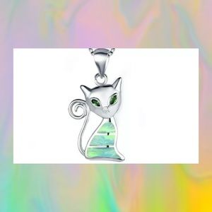 💎💎Silver Cat Necklace Imitation Fire Opal